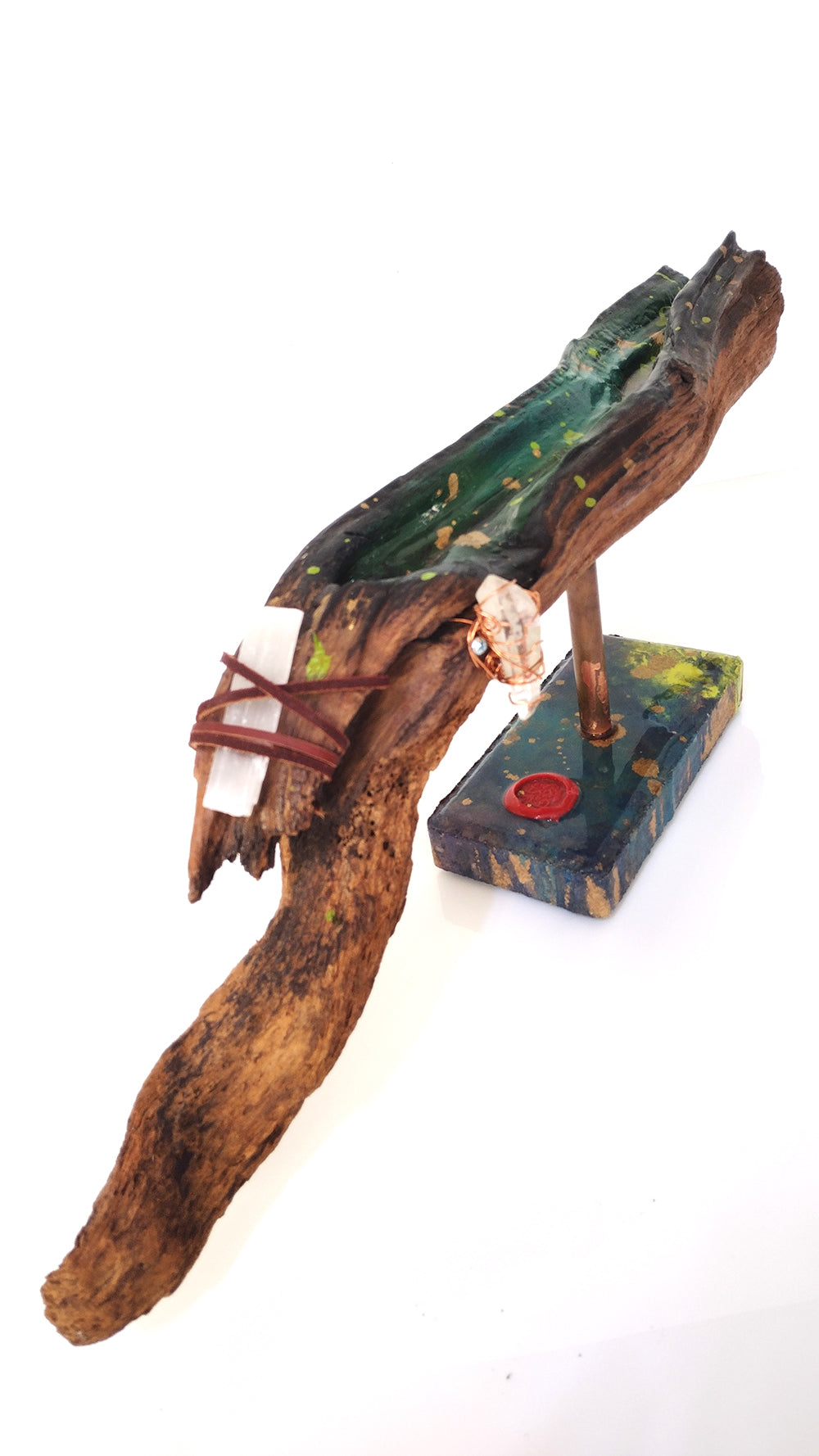 Handcrafted Driftwood Incense Holder with Selenite & Quartz