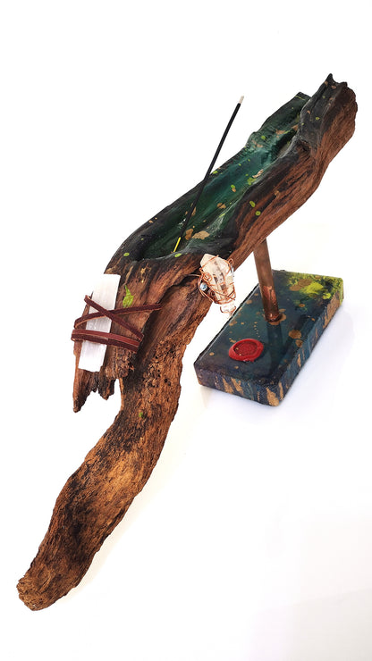 Handcrafted Driftwood Incense Holder with Selenite & Quartz