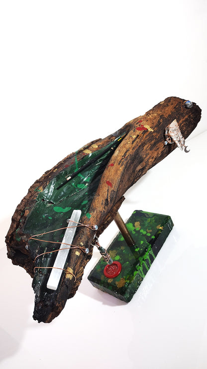 Handcrafted Driftwood Incense Holder with Selenite & Quartz