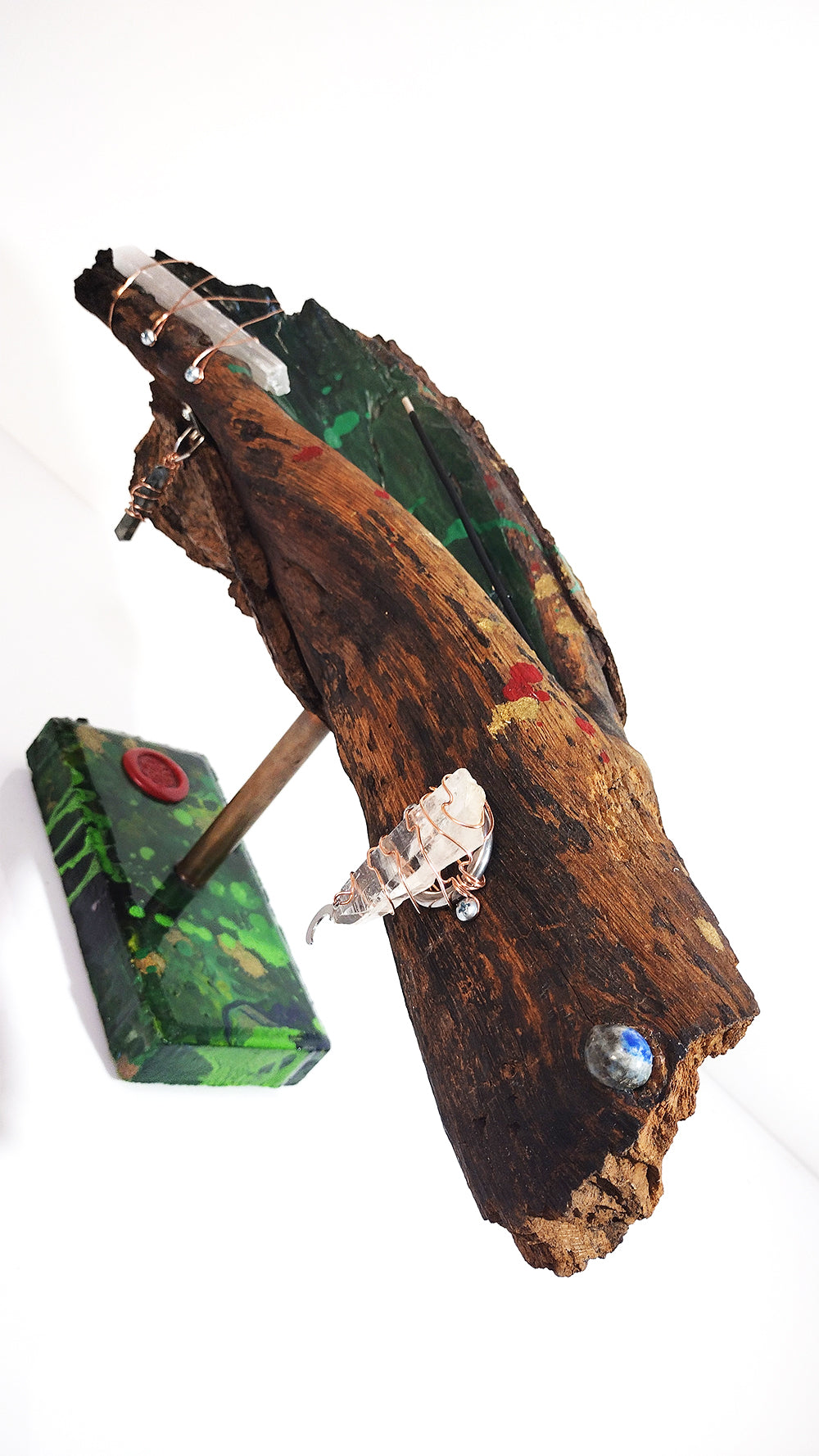 Handcrafted Driftwood Incense Holder with Selenite & Quartz