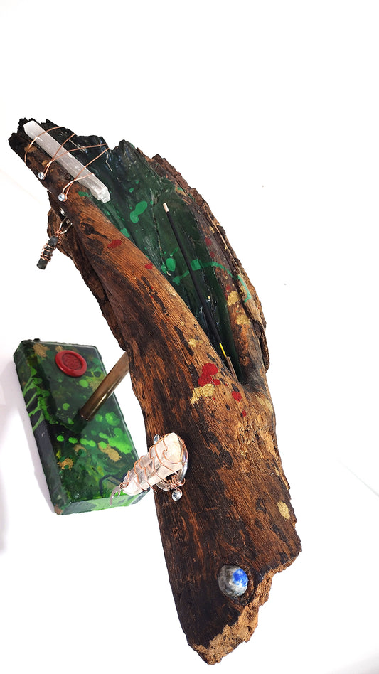 Handcrafted Driftwood Incense Holder with Selenite & Quartz